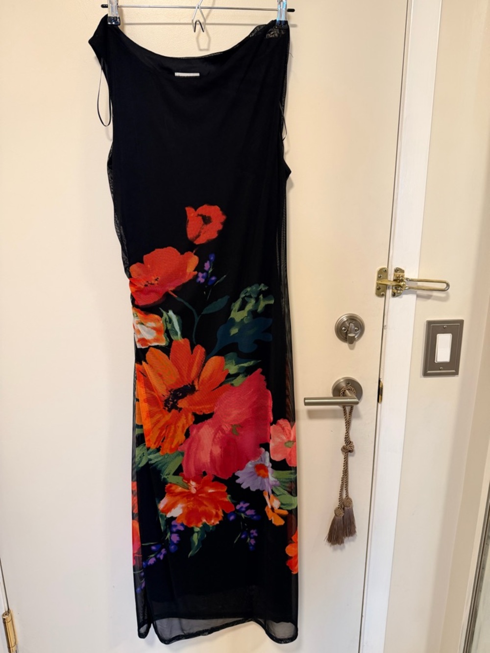 Nicole Miller Black Maxi Dress with Vibrant Red & Pink Floral Print - Picture 3 of 5